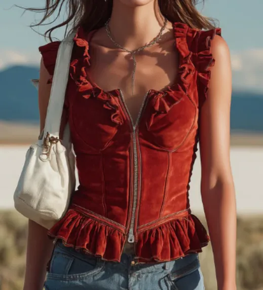 Western Ruffled Suede Top